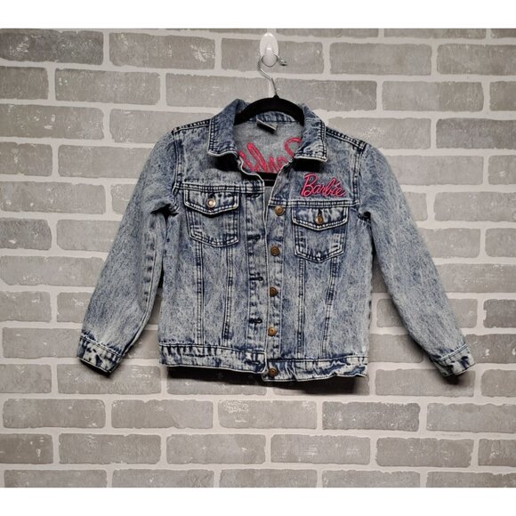 Barbie Girl's Blue Acid Wash Pink Embroidered Jean Denim Jacket Girl Size Medium - Picture 1 of 12